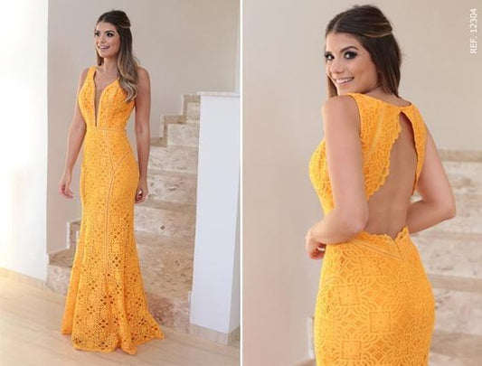Gelbes Spitzen-Ballkleid, langes Partykleid mit V-Ausschnitt, rückenfreies Meerjungfrau-Abendkleid cg5709