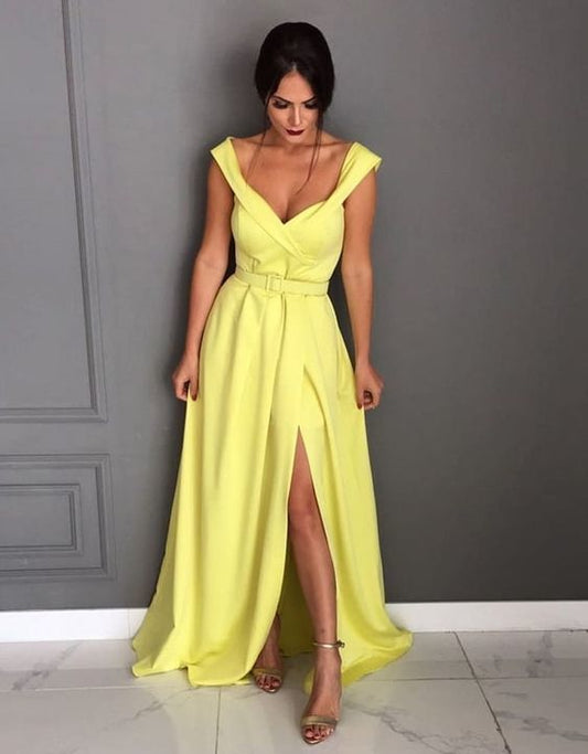 Gelbes Ballkleid mit Schlitz, schulterfreies Abendkleid cg5717