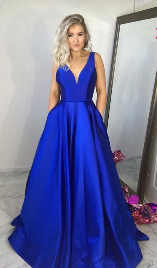 Prinzessin V-Ausschnitt Königsblau Langes Ballkleid cg5734