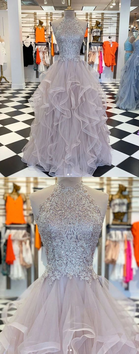 Unique high neck tulle lace long prom dress tulle formal dress cg5741