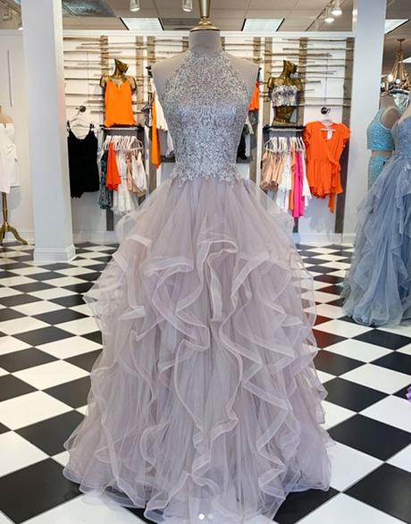 Einzigartiges langes Ballkleid mit hohem Halsausschnitt und Tüllspitze, formelles Kleid aus Tüll, cg5741