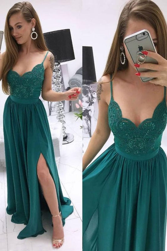 Grünes, herzförmiges, langes Chiffon-Ballkleid aus Spitze, grünes Abendkleid cg5742