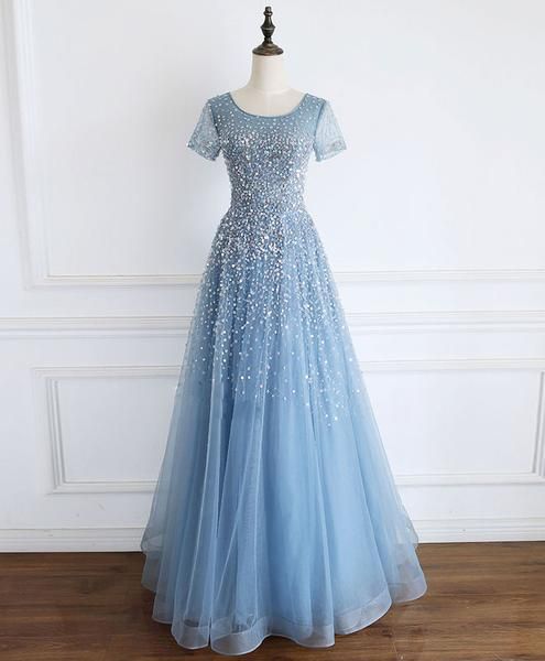 Blaues langes Ballkleid aus Tüll mit Rundhalsausschnitt, Pailletten und Perlen, blaues Abendkleid aus Tüll, cg5744