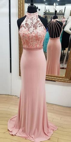 Rosa Spitze Stehkragen Offener Rücken Langes Meerjungfrau Ballkleid cg5746