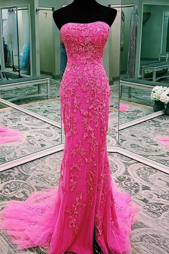 Elegant Fuchsia Strapless Lace Appliques Long Prom Dresses with Split cg5747