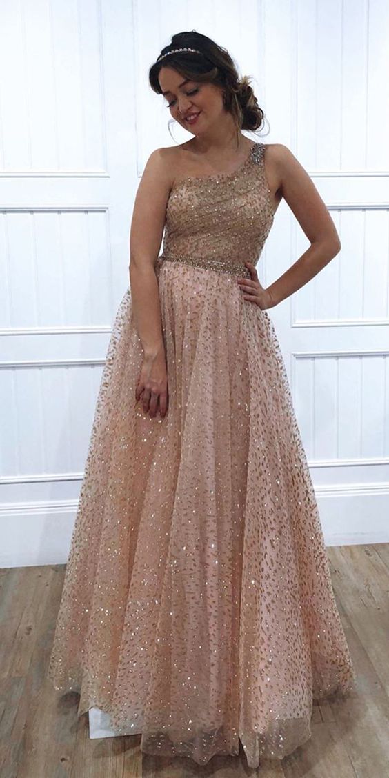 One Shoulder Sparkly Sequin Tulle A-Line Long Prom/Evening Dress cg5748