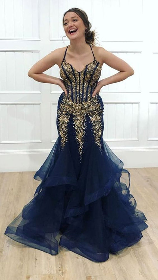Marineblaues Tüll-Meerjungfrauen-Ballkleid mit Spaghettiträgern und goldenen Perlen cg5750