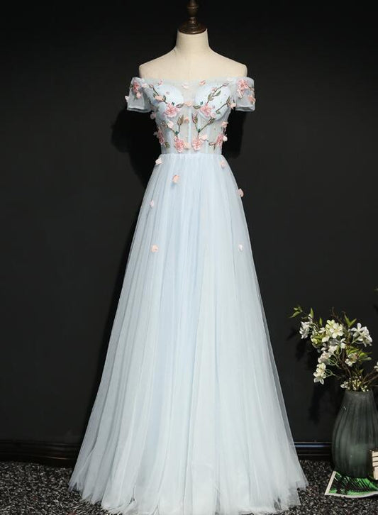 Hellblaues schulterfreies A-Linien-Partykleid mit Blumenmuster, neues Ballkleid 2020 cg5755