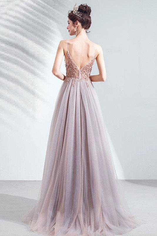 Elegant v neck tulle beads long prom dress tulle formal dress cg5756