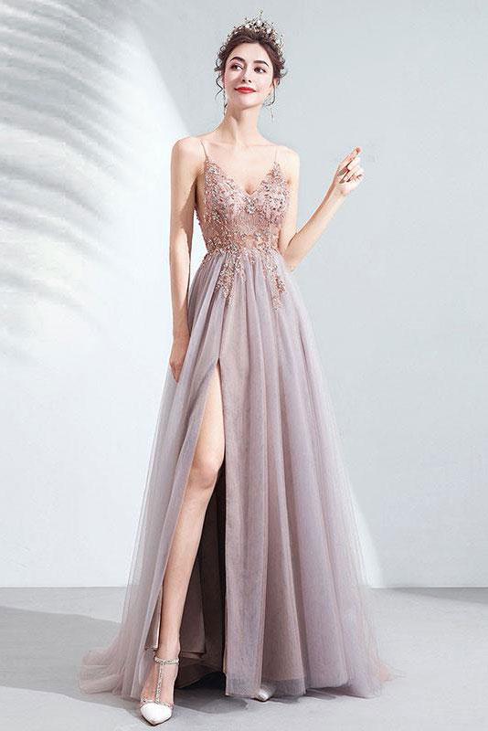 Elegant v neck tulle beads long prom dress tulle formal dress cg5756