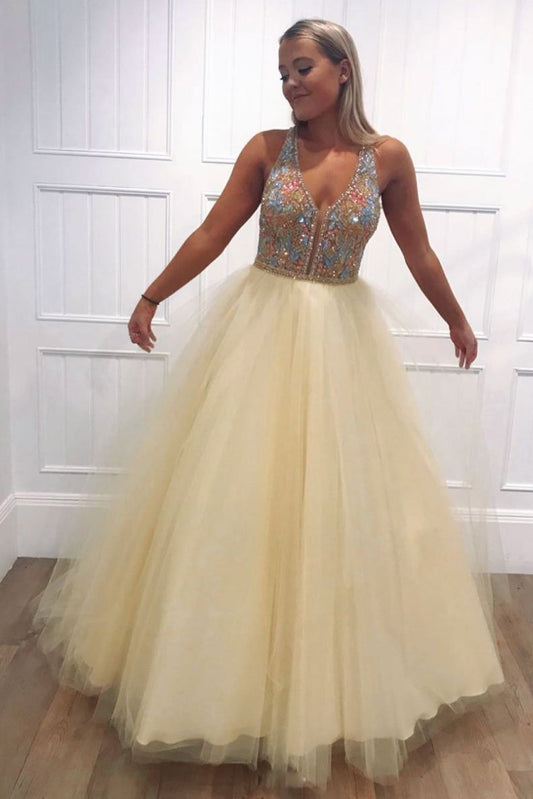 Gelbes Tüll-Ballkleid mit V-Ausschnitt und Perlen, langes gelbes Abendkleid, cg5759