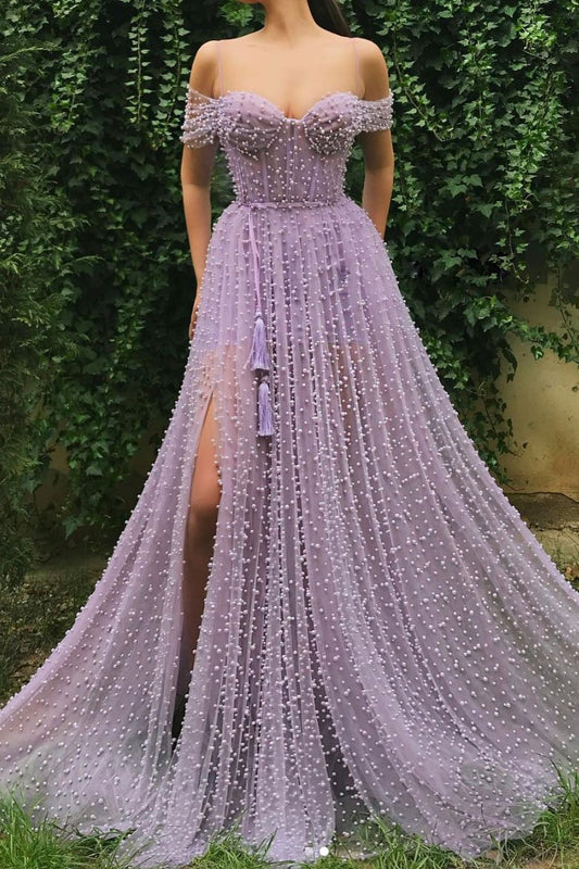 Lila herzförmiges, schulterfreies, langes Ballkleid aus Tüll mit Perlen, cg5761