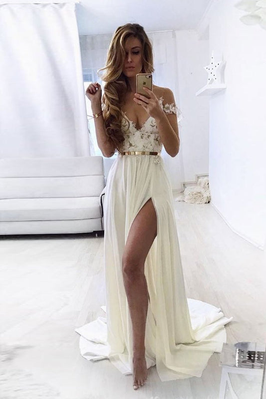 Weißes Herzförmiges Schulterfreies Spitzenchiffon-Abendkleid, lang, cg5765