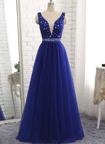 Wunderschönes königsblaues langes Party-Ballkleid mit Perlen und V-Ausschnitt, cg5768