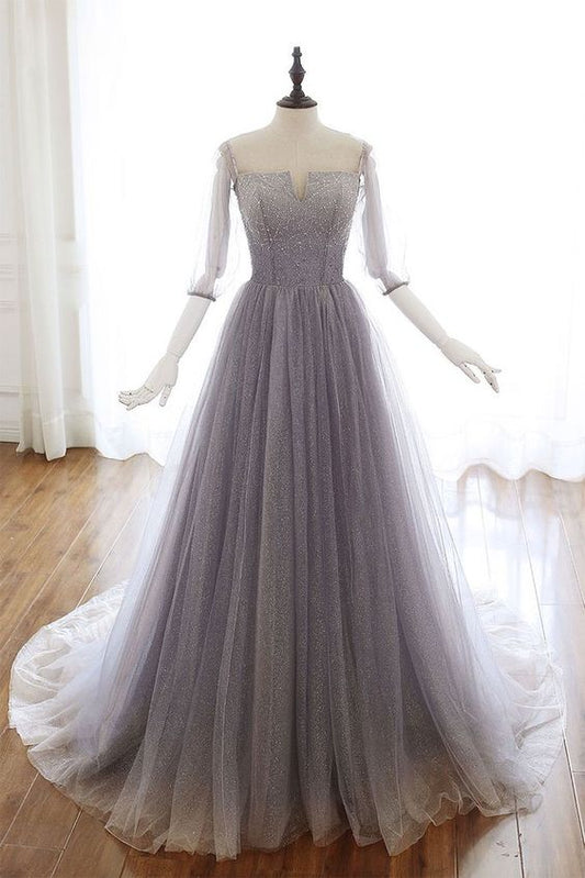 Atemberaubendes hellviolettes Tüll-Ballkleid mit V-Ausschnitt und langen Ärmeln, formelles Kleid cg5771
