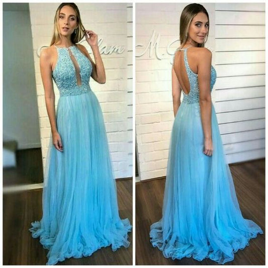 Blaues Tüll-O-Ausschnitt-Rückenfreies langes Perlen-Ballkleid, Abendkleid cg5772