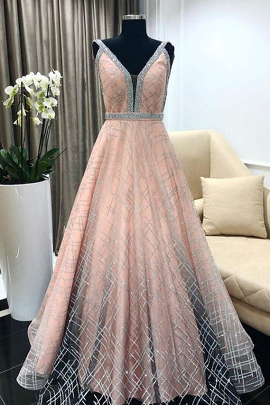 Rosa Tüll V-Ausschnitt A-Linie langes Pailletten Abendkleid, Ballkleid cg5775