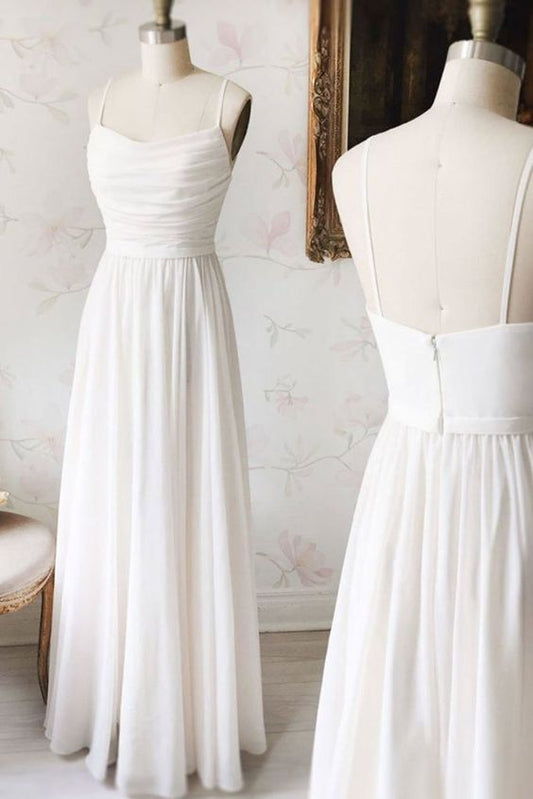 Schlichtes weißes Chiffon-Ballkleid mit V-Ausschnitt, langes weißes Abendkleid cg5776