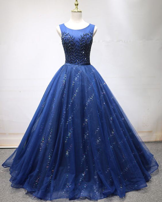 Dunkelblaues, mit Perlen besetztes, langes Abendkleid in A-Linie aus Tüll mit Pailletten, Abschlussballkleid cg5778