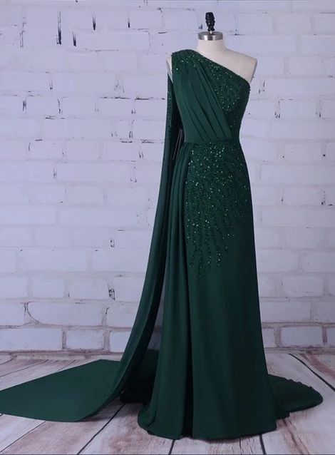 Grünes langes Abendkleid, einzigartiges Ballkleid mit Perlenbesatz, cg5780