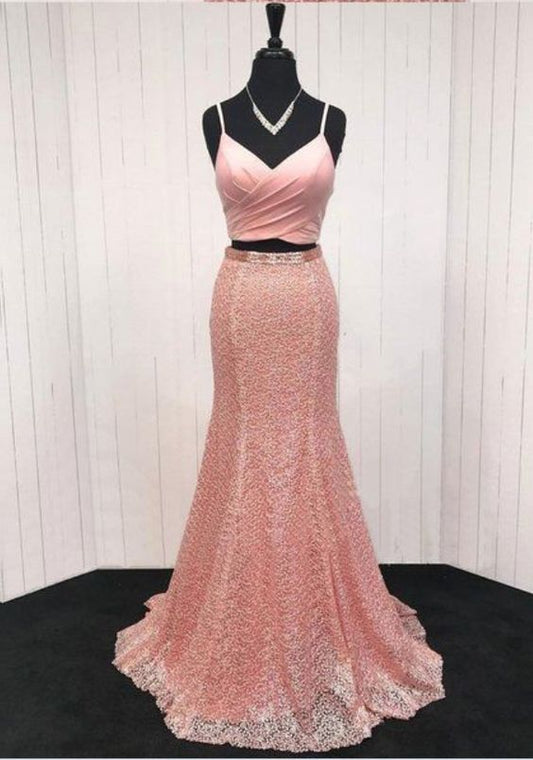 Rosa Spitze V-Ausschnitt Spaghettiträger zweiteilig langes Meerjungfrau-Ballkleid cg5783