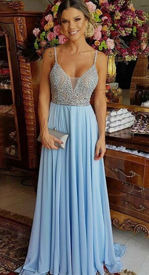 A-Linie Spaghettiträger Ballkleid, Hellblau Chiffon Ballkleider cg5785