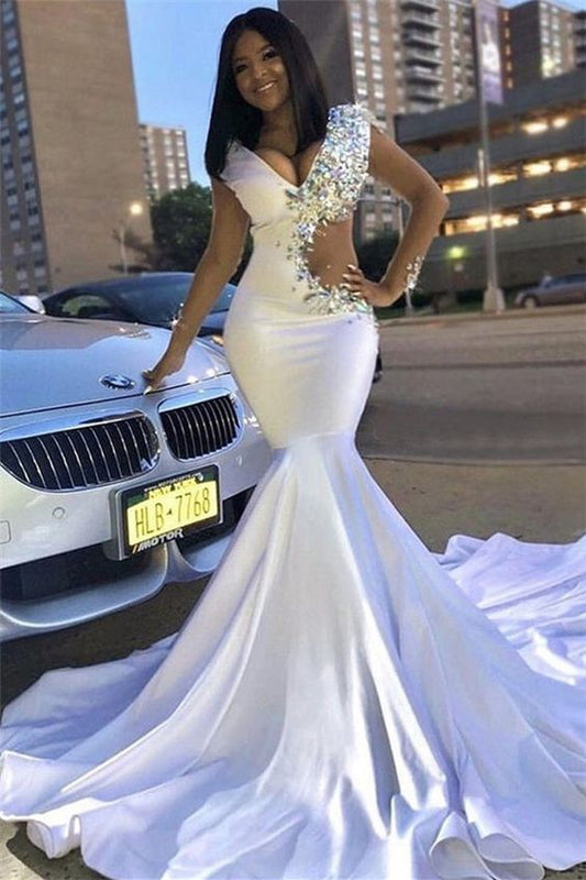 Schickes V-Ausschnitt Spitze Strass Sweep Schleppe Sexy Meerjungfrau Ballkleid cg5791