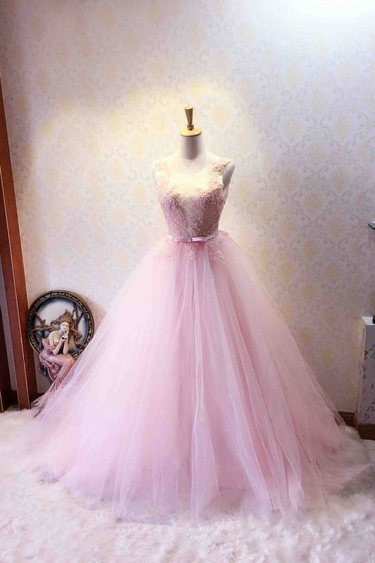 Rosa Tüll Rundhals durchsichtige Spitze Applikation Pailletten Ballkleid Ballkleider cg5811