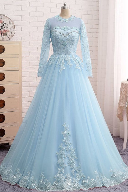 Blaues Ballkleid aus Spitze und Tüll mit langen Ärmeln und Perlen, cg5813
