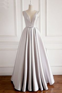 Unique Gray Satin Beaded Long A Line Custom Made Prom Dress With Bow cg5817