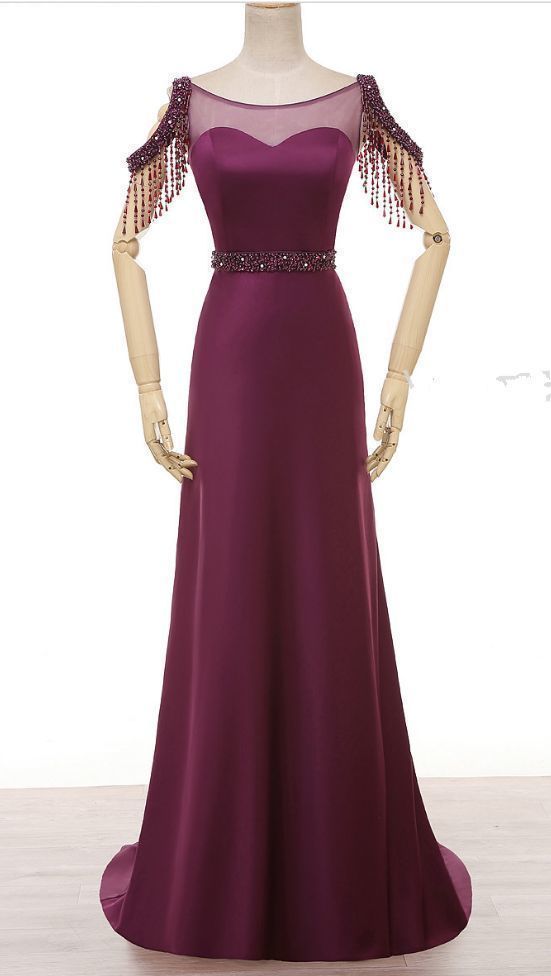 Purple dress ,pearl crystal neck ,satin evening gown,mermaid,Floor Length Formal prom Dress cg5822