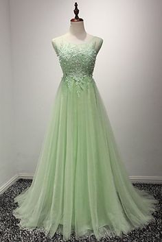 Hellgrüne Tüllapplikationen mit offenem Rücken in A-Linie, lange Ballkleider, elegante Abendkleider cg5824