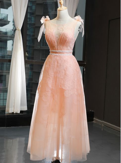 A-Line Orange Tulle Appliques Bateau Pleats Prom Dress With Beading cg5837
