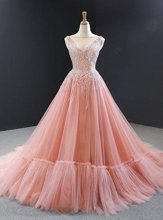 Rosa Ballkleid Tüll Perlenbesetzt Rückenfrei Langes Ballkleid cg5842