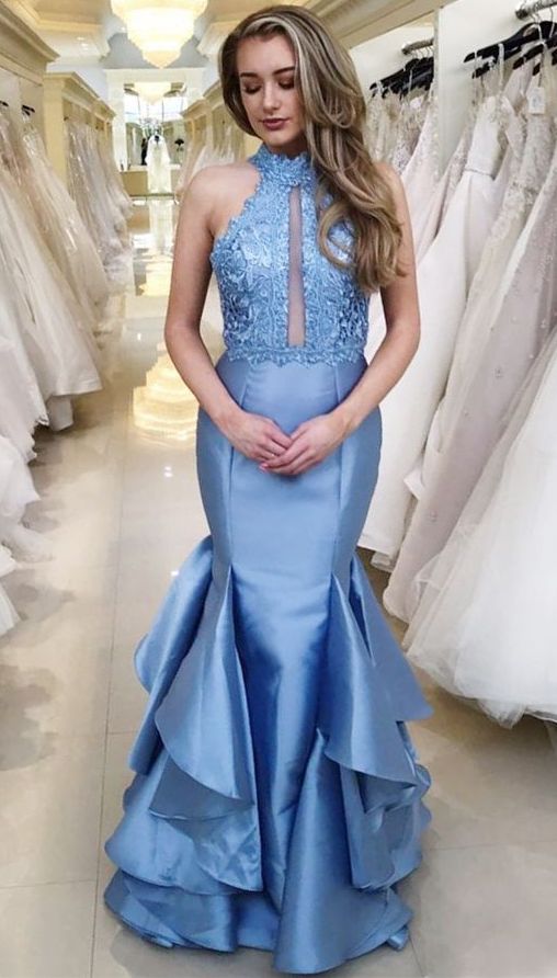 Mermaid High Neck Long Blue Prom Dress with Appliques Ruffles cg5843