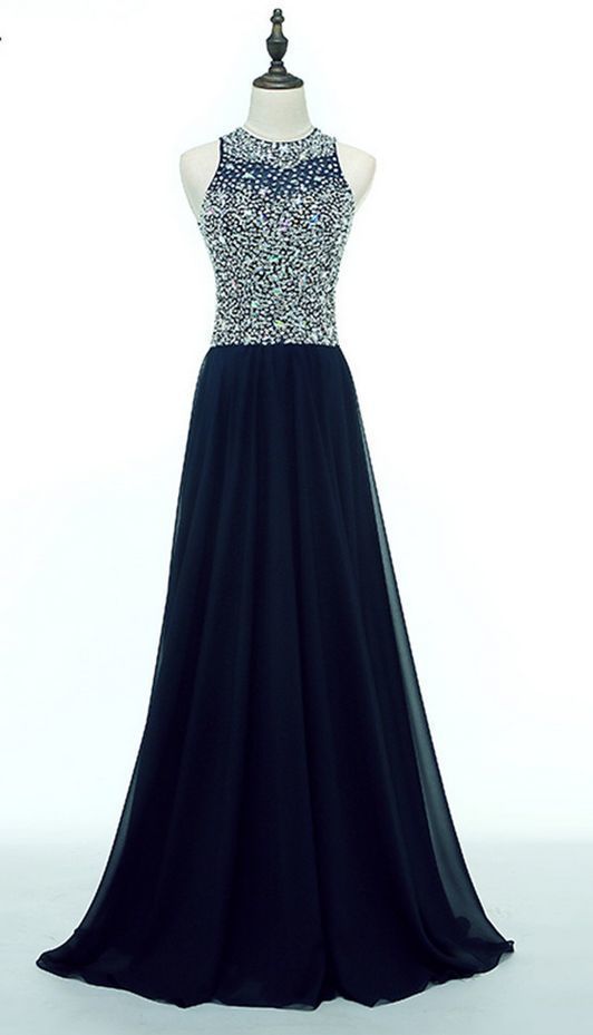 Chiffon O-Ausschnitt Langes Abendkleid Party Elegantes Marineblau Perlen Vintage Ballkleid cg5846