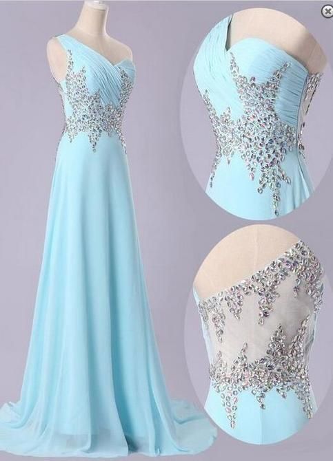 Illusion Back Light Sky Blue Long Chiffon Prom Dresses,Simple Hot-selling A-line Beading One-shoulder prom dress cg5847