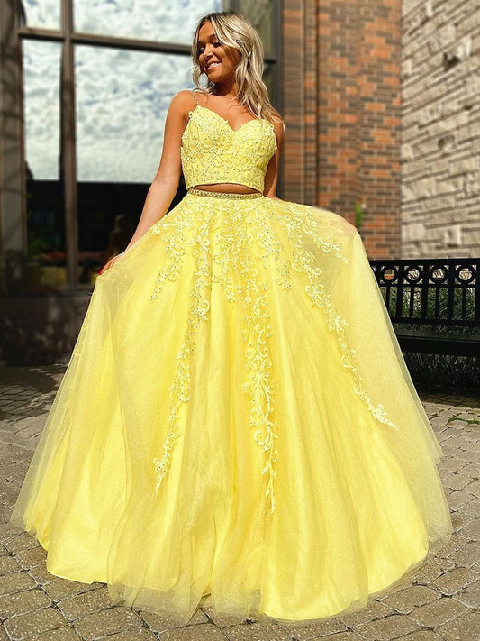 A-Linie V-Ausschnitt 2-teiliges gelbes Spitzen-Ballkleid, zweiteiliges gelbes Spitzen-Abendkleid cg5860