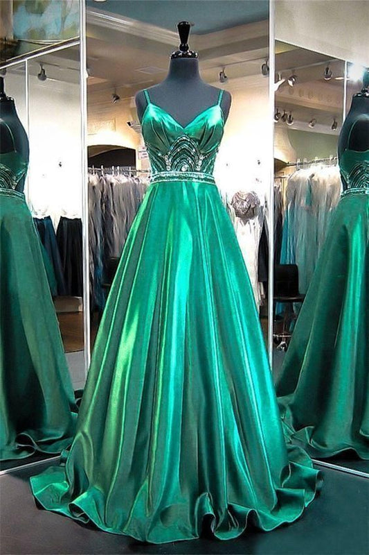 Wunderschönes, atemberaubendes A-Linien-Ballkleid mit Herzausschnitt und Rückenausschnitt, smaragdgrün, Satin, Perlen und Trägern, cg5865