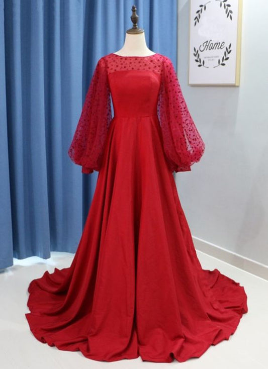 Burgunderrotes Satin-Abendkleid mit langen Ärmeln und offenem Rücken in A-Linie, formelles Ballkleid cg5870
