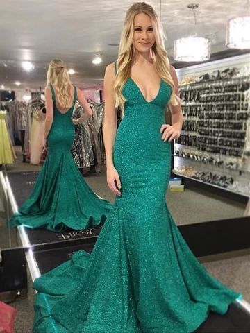Pailletten Meerjungfrau V-Ausschnitt Rückenfreies Grünes Ballkleid cg5873