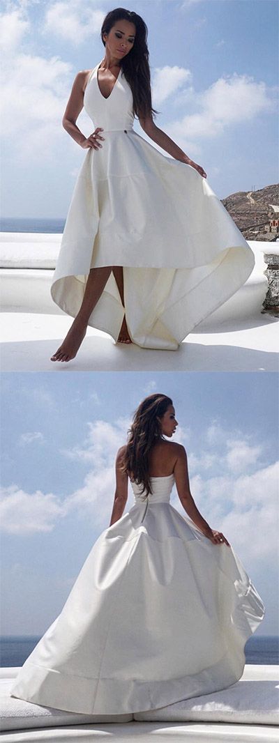 Ivory High Low Prom Dresses,Halter Satin Evening Dress,Sleeveless A-Line Zipper Formal Dress cg5940