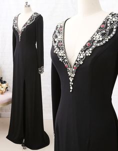 Long Sleeves Deep V Neck Jersey Formal Evening prom Dress Black Pageant Gown cg5967