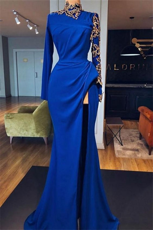Königsblaues Meerjungfrau-Ballkleid mit hohem Halsausschnitt und seitlichem Schlitz, elegantes Abendkleid mit langen Ärmeln und Applikationen, cg5972