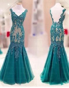blaugrünes Meerjungfrau-Kleid mit Spitzenapplikationen, langes, formelles Ballkleid cg5974