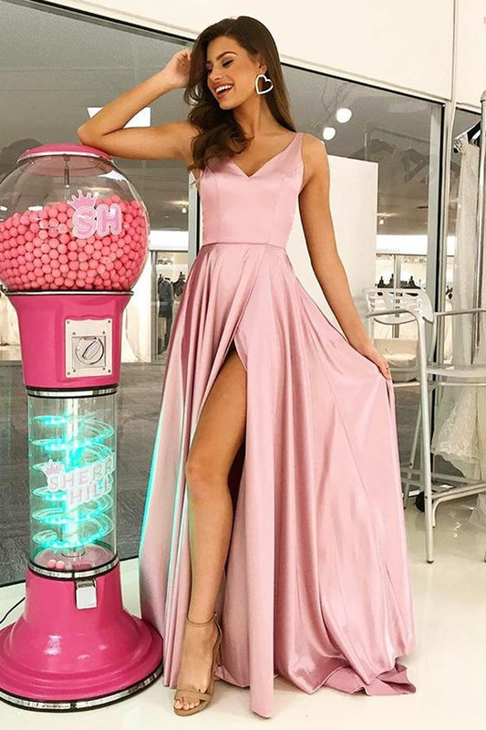 Einfaches schwarzes Ballkleid mit V-Ausschnitt und Schlitz cg5986