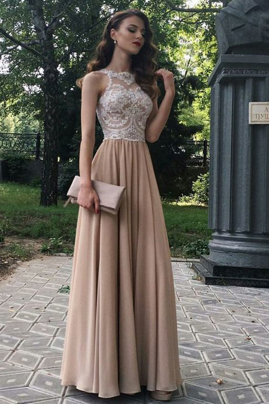 A-Linie Perlen Spitze Chiffon Lange Ballkleider Formale Abendkleider cg6012