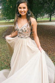 Schickes Spaghettiträger-Ballkleid mit tiefem Rücken und V-Ausschnitt, A-Linie, langes Abendkleid mit Blumen, cg6017