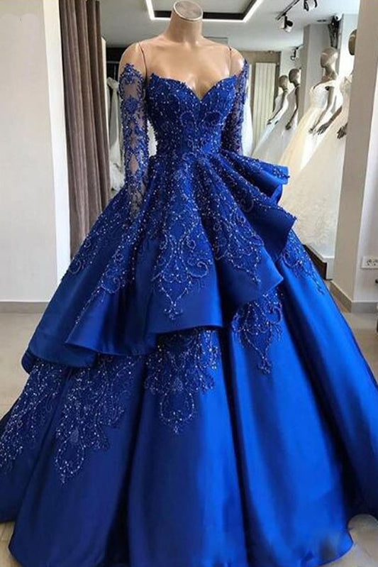 Einzigartiges langes Ballkleid aus blauer Spitze, langes blaues Abendkleid cg602