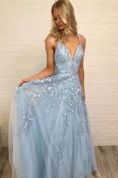 Sexy V neck Appliques Evening Party Dress, Blue Long Prom Dress cg6024